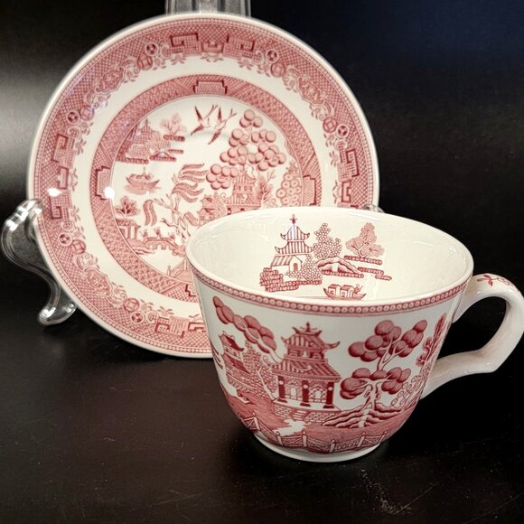 Spode Red Willow Cup and Saucer Set Archive Collection Cranberry Repro England - Picture 2 of 13